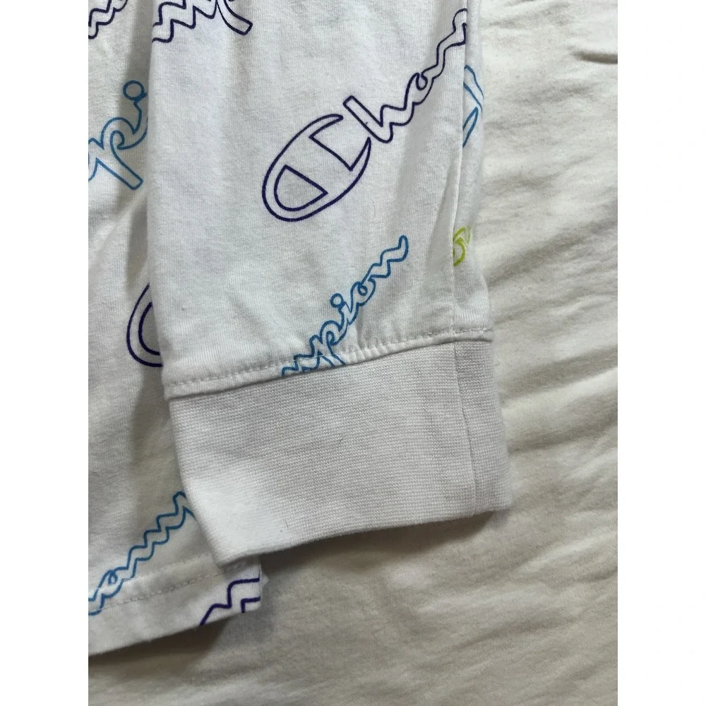 Champion Shirt Boys L White Graphic Spellout Logo AOP Long‎ Sleeve Youth Kids